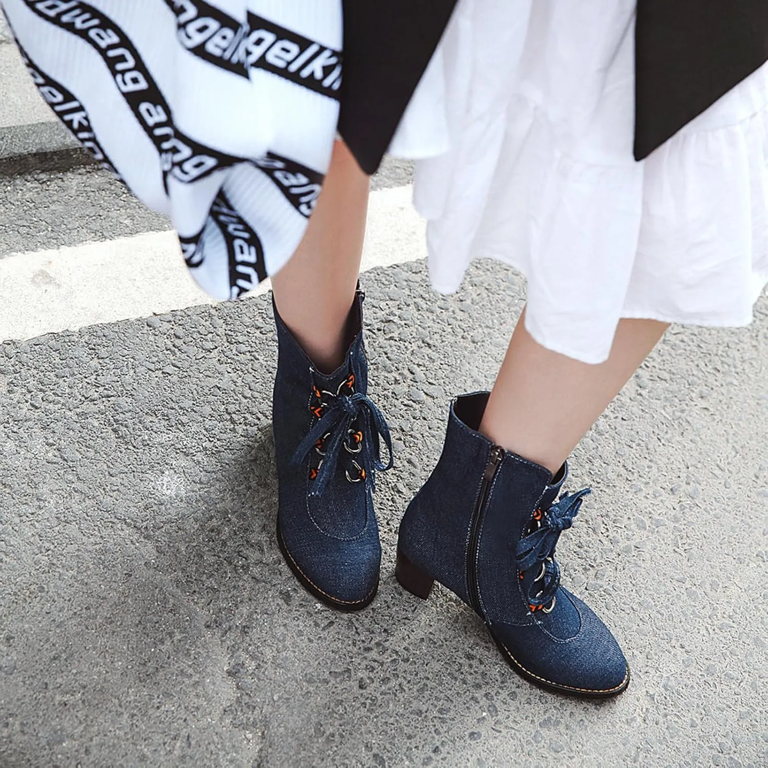 Women's Denim Lace up Mid-Calf Booties,Retro Chunky Heel Side Zipper Office Work Mid Heel Anti-Slip Bootie Winter Dress Chelsea Short Boots Classic Snow Boots