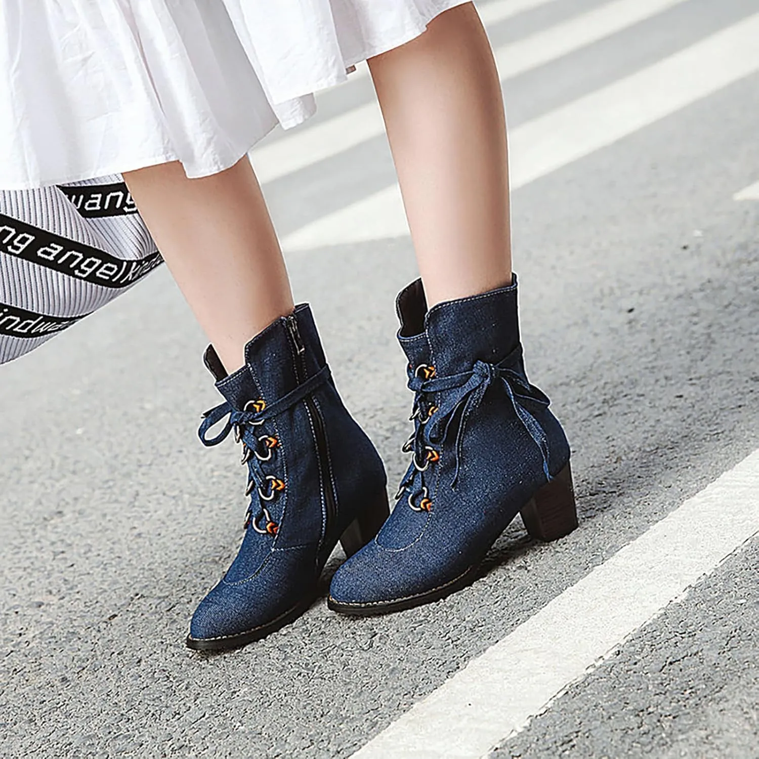 Women's Denim Lace up Mid-Calf Booties,Retro Chunky Heel Side Zipper Office Work Mid Heel Anti-Slip Bootie Winter Dress Chelsea Short Boots Classic Snow Boots