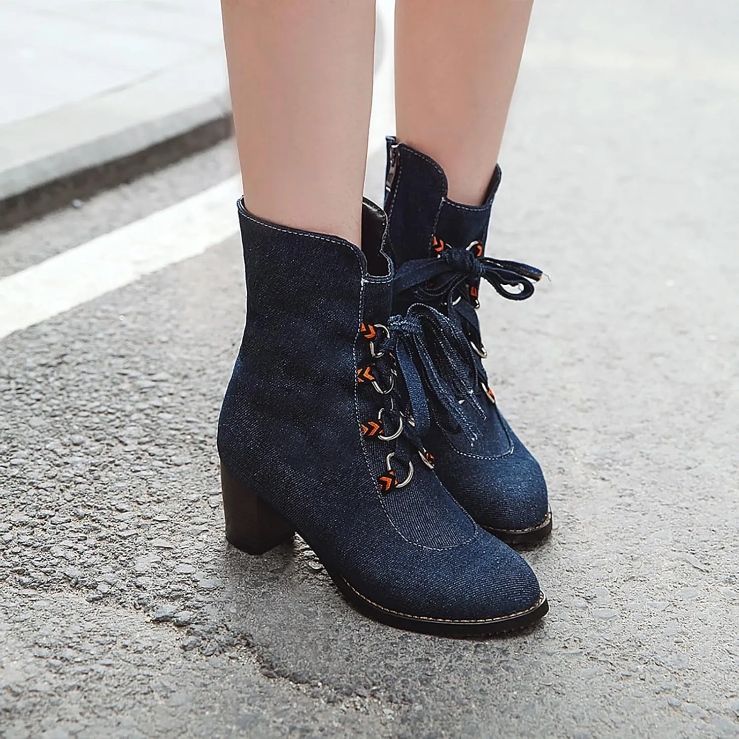 Women's Denim Lace up Mid-Calf Booties,Retro Chunky Heel Side Zipper Office Work Mid Heel Anti-Slip Bootie Winter Dress Chelsea Short Boots Classic Snow Boots