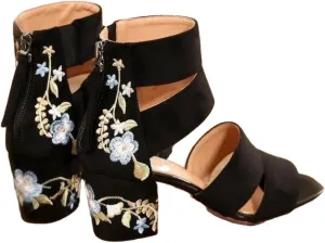 Women's Fashion Embroidered Open Toe Sandals with Ankle Zipper Daily Thick Heel Sandals