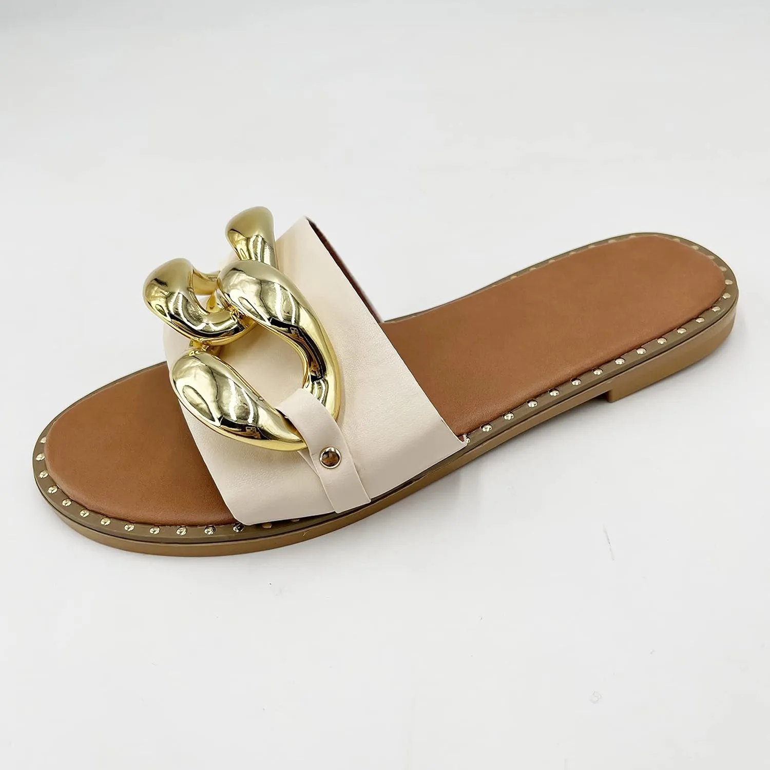 Women's Flat Heels Open Toe Backless Slippers Metallic Chains Slip On Summer Indoor Outdoor Slide Sandals.