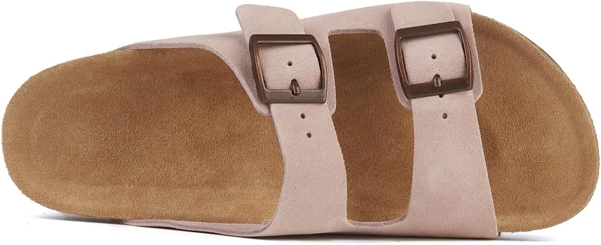 Women's Flat Sandals Cork Footbed 2 Straps Slide Sandal with Adjustable Buckle Slip on Slippers