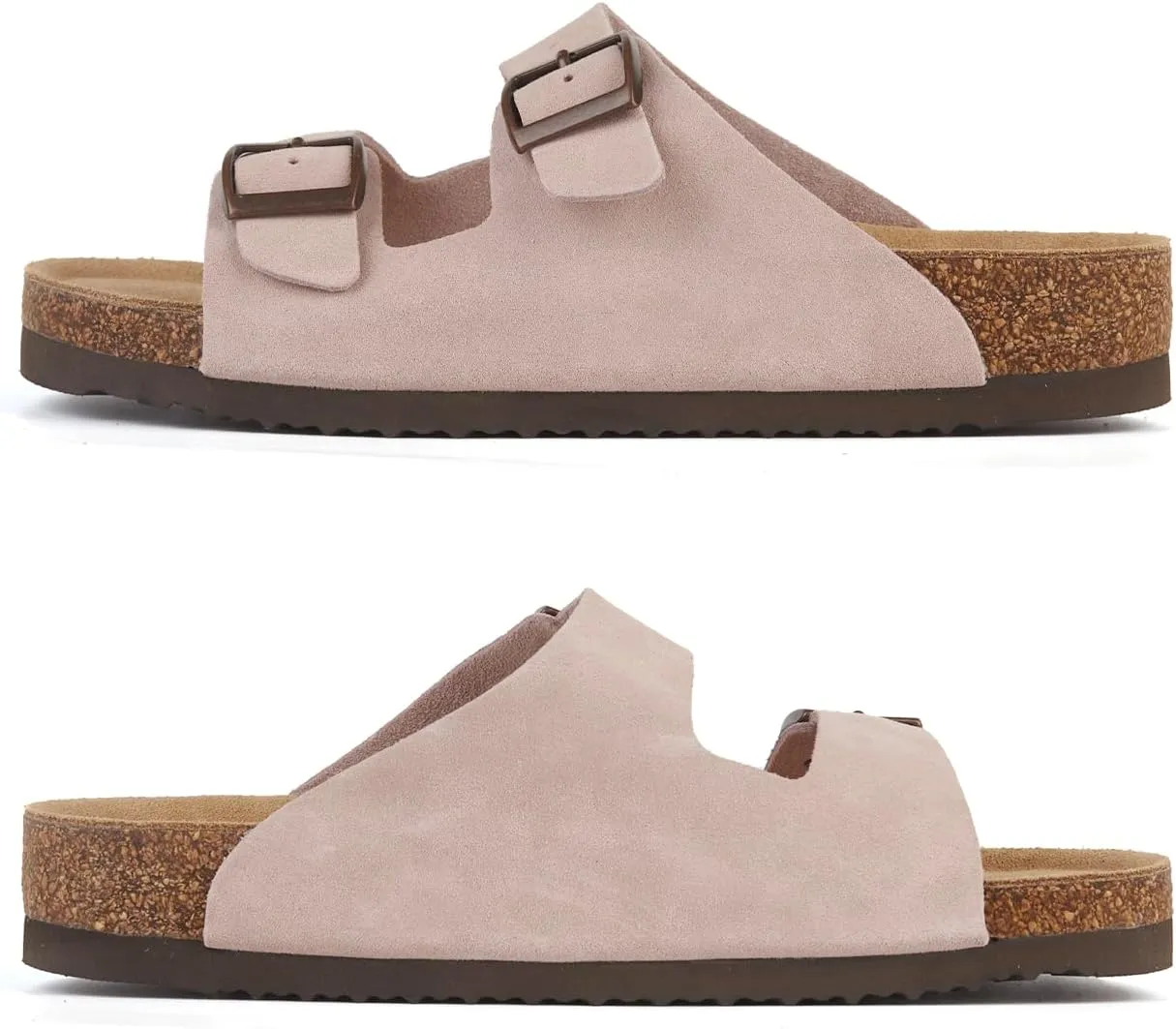 Women's Flat Sandals Cork Footbed 2 Straps Slide Sandal with Adjustable Buckle Slip on Slippers