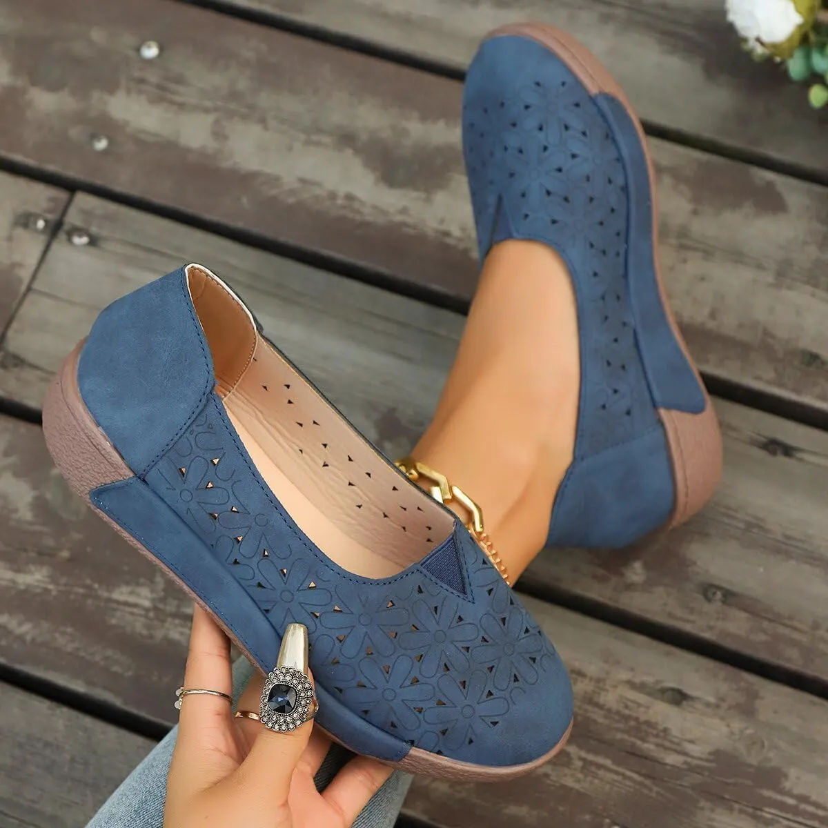 Women's Floral Ballet Flat Flats Shoes Slip On Flowers PU Leather Round Toe Casual Dress Hollow Hole Shoes Summer Comfortable Work Office Fashion Trendy Lazy Loafers with Floral Eyelets