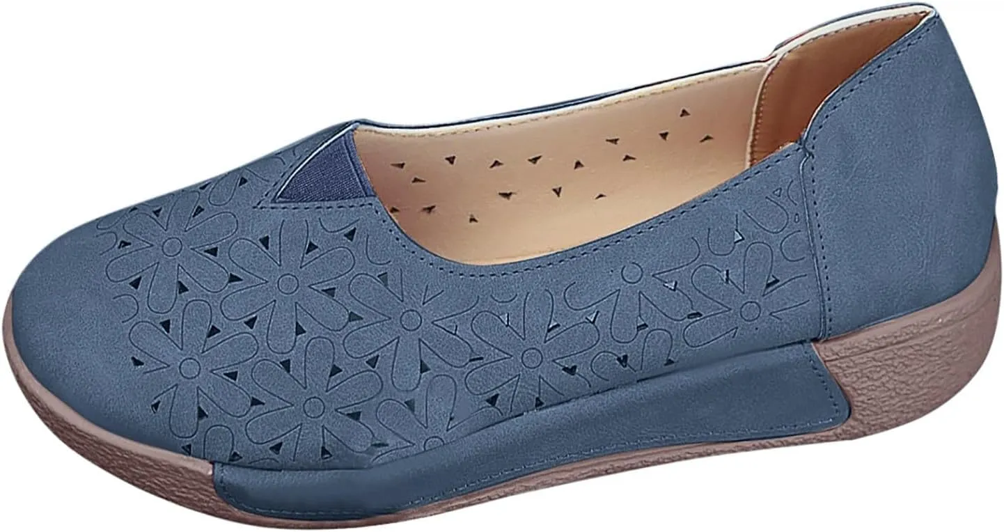 Women's Floral Ballet Flat Flats Shoes Slip On Flowers PU Leather Round Toe Casual Dress Hollow Hole Shoes Summer Comfortable Work Office Fashion Trendy Lazy Loafers with Floral Eyelets