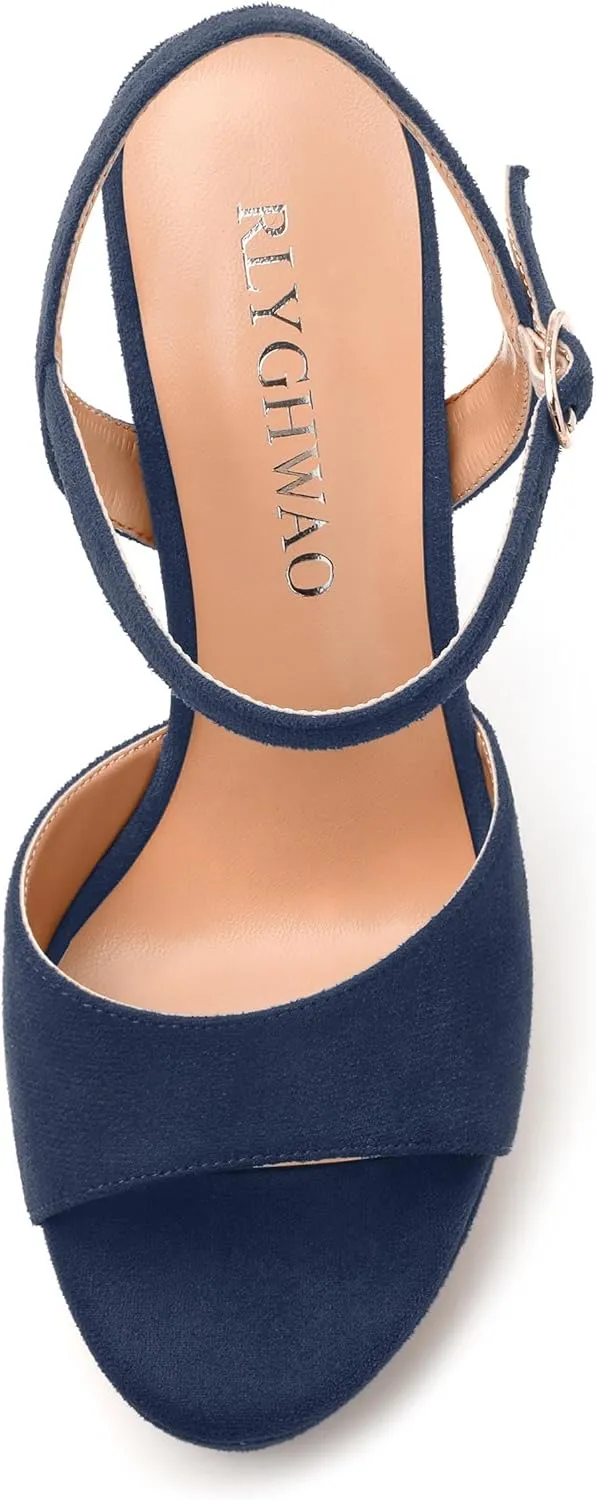 Women's Heeled Sandals, Buckle Ankle Strap Platform High Heels, Round Open Toe Fashion Suede Wedding Working Partying Shoes for Women