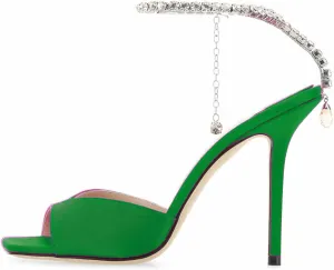 Women's Heeled Sandals Crystal Chain Ankle Strap Rhinestone Buckle Square Open Toe Stiletto High Heels Wedding Party Satin Dress Shoes