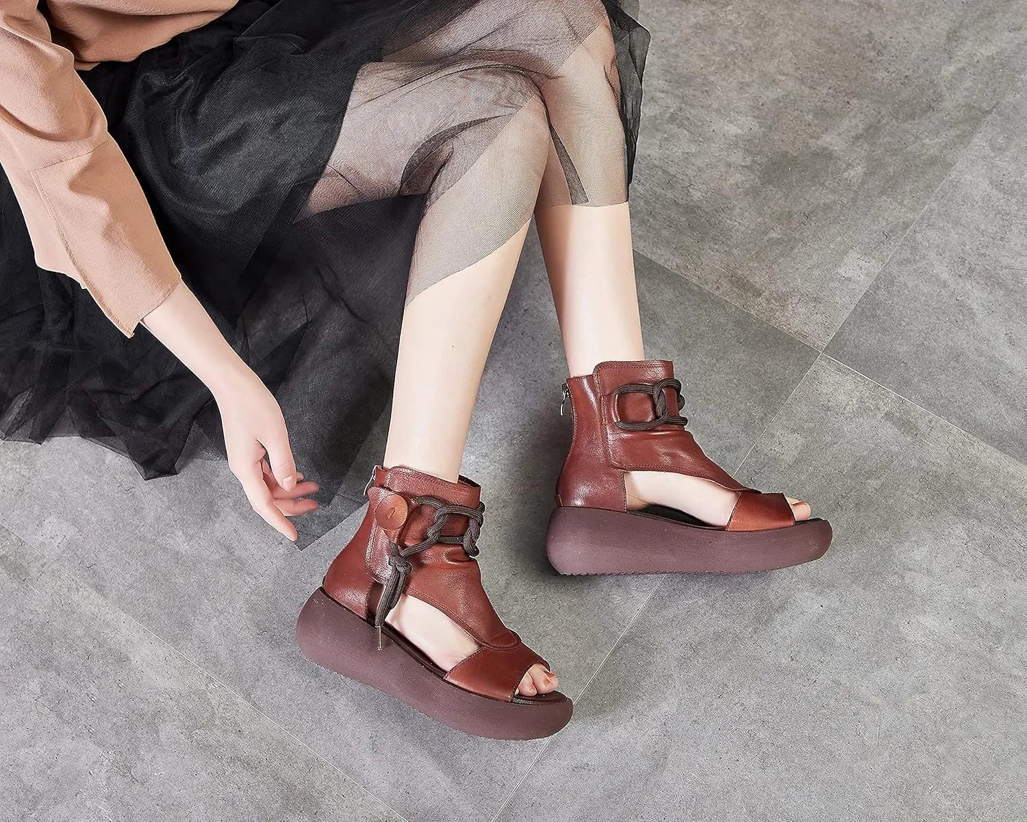 Women's High Top Leather Sandals Open Toe Boot Sandals for Women