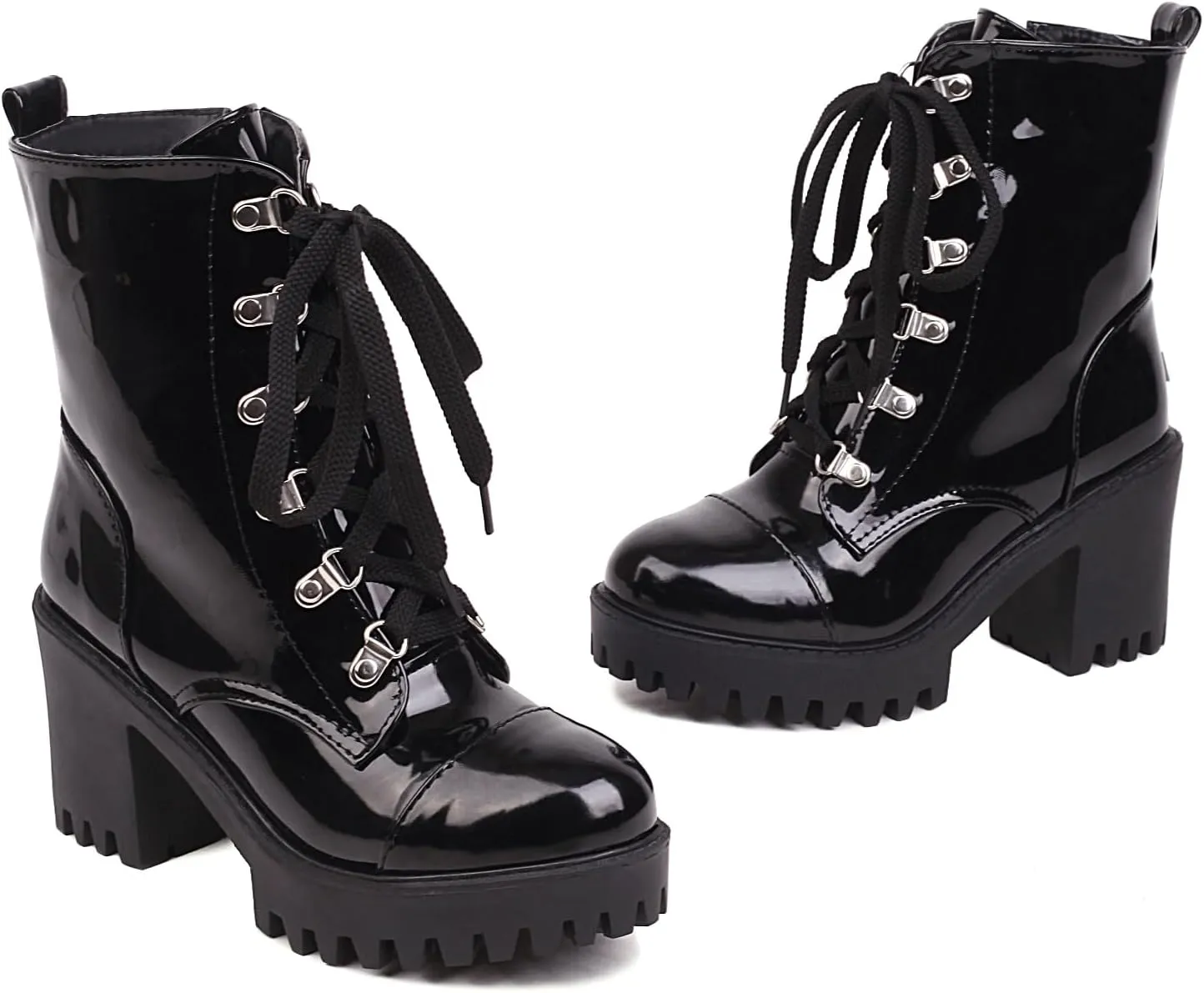 Women's Lace Up Combat Ankle Boots Platform Goth Boots Punk Motorcycle Lug Sole Ankle Booties Chunky High Heel Round Toe Side Zipper Shoes