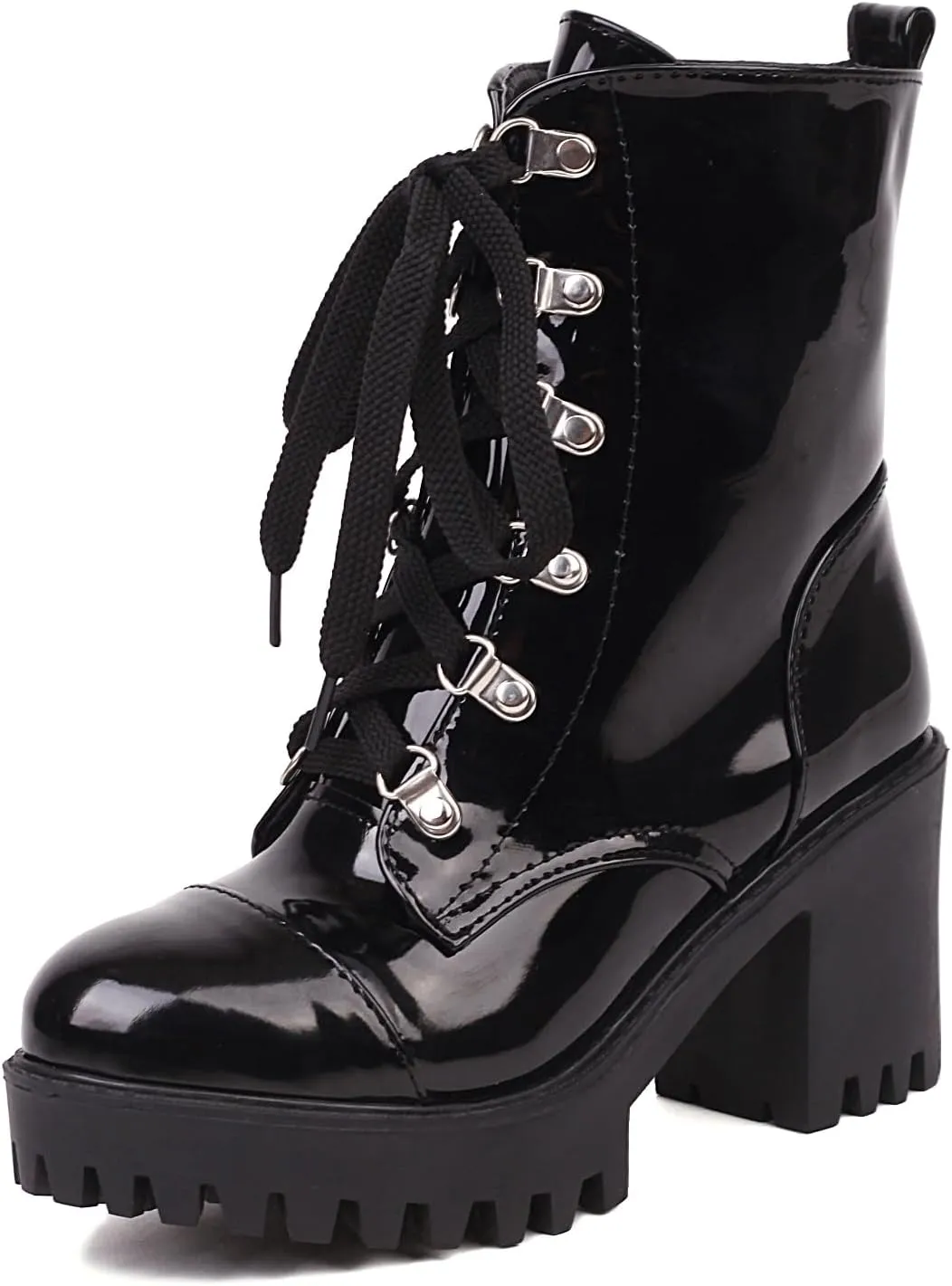 Women's Lace Up Combat Ankle Boots Platform Goth Boots Punk Motorcycle Lug Sole Ankle Booties Chunky High Heel Round Toe Side Zipper Shoes