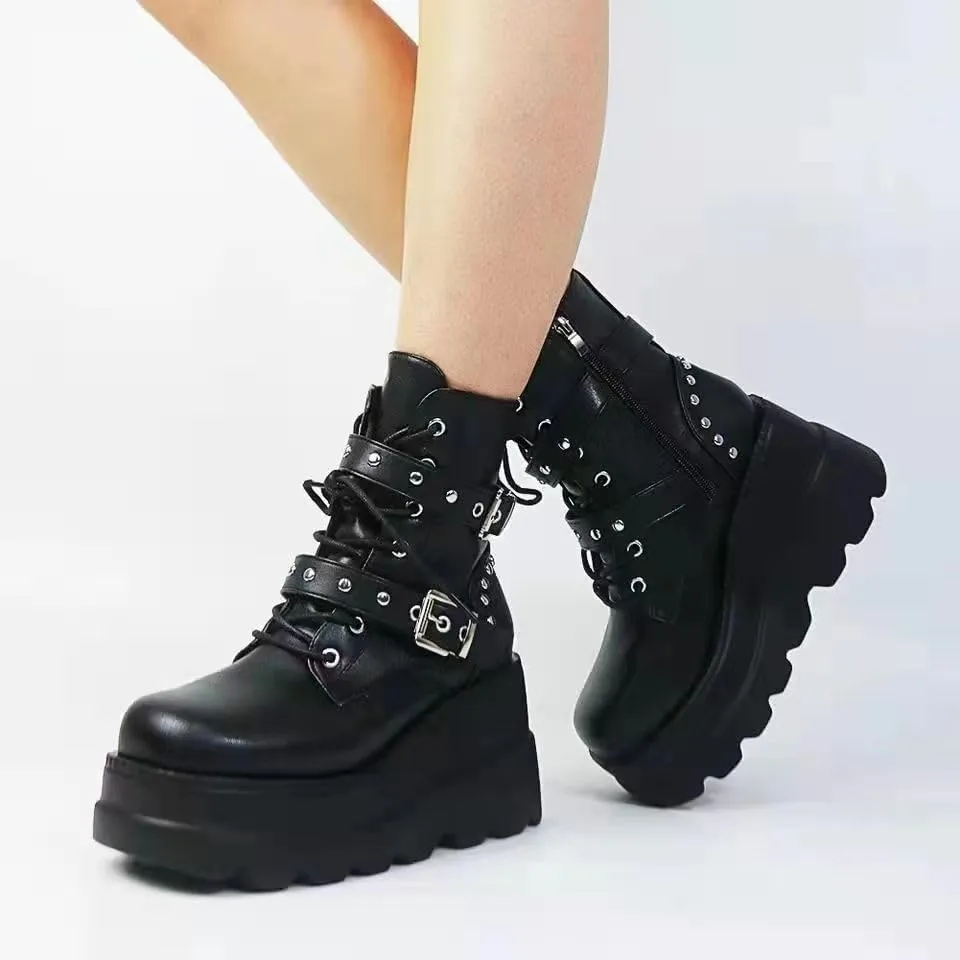 Women's Lace up Platform Goth Boots, Punk Wedge High Heel Combat Boots Booties, Gothic Ankle Boots Shoes