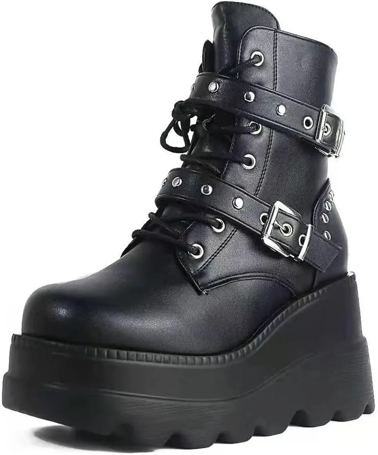 Women's Lace up Platform Goth Boots, Punk Wedge High Heel Combat Boots Booties, Gothic Ankle Boots Shoes