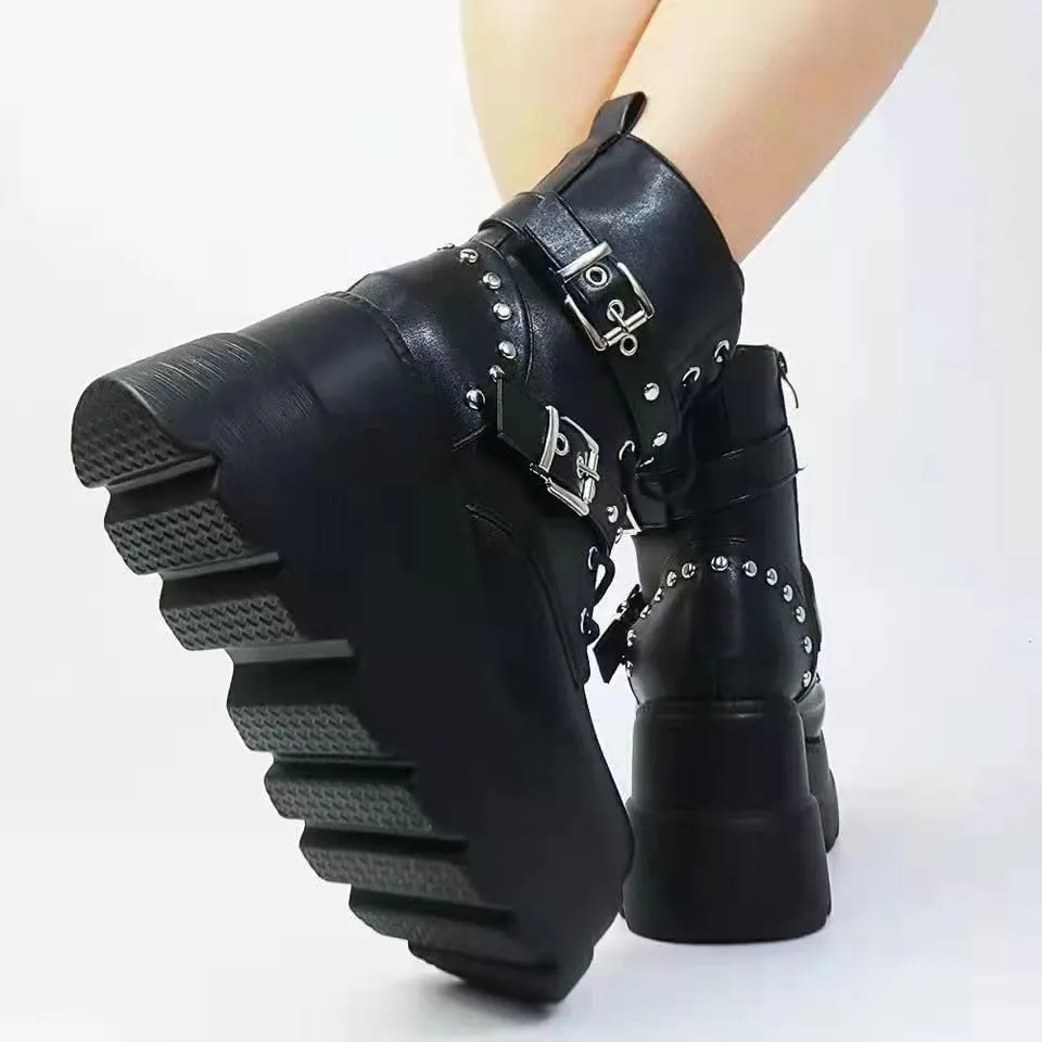 Women's Lace up Platform Goth Boots, Punk Wedge High Heel Combat Boots Booties, Gothic Ankle Boots Shoes