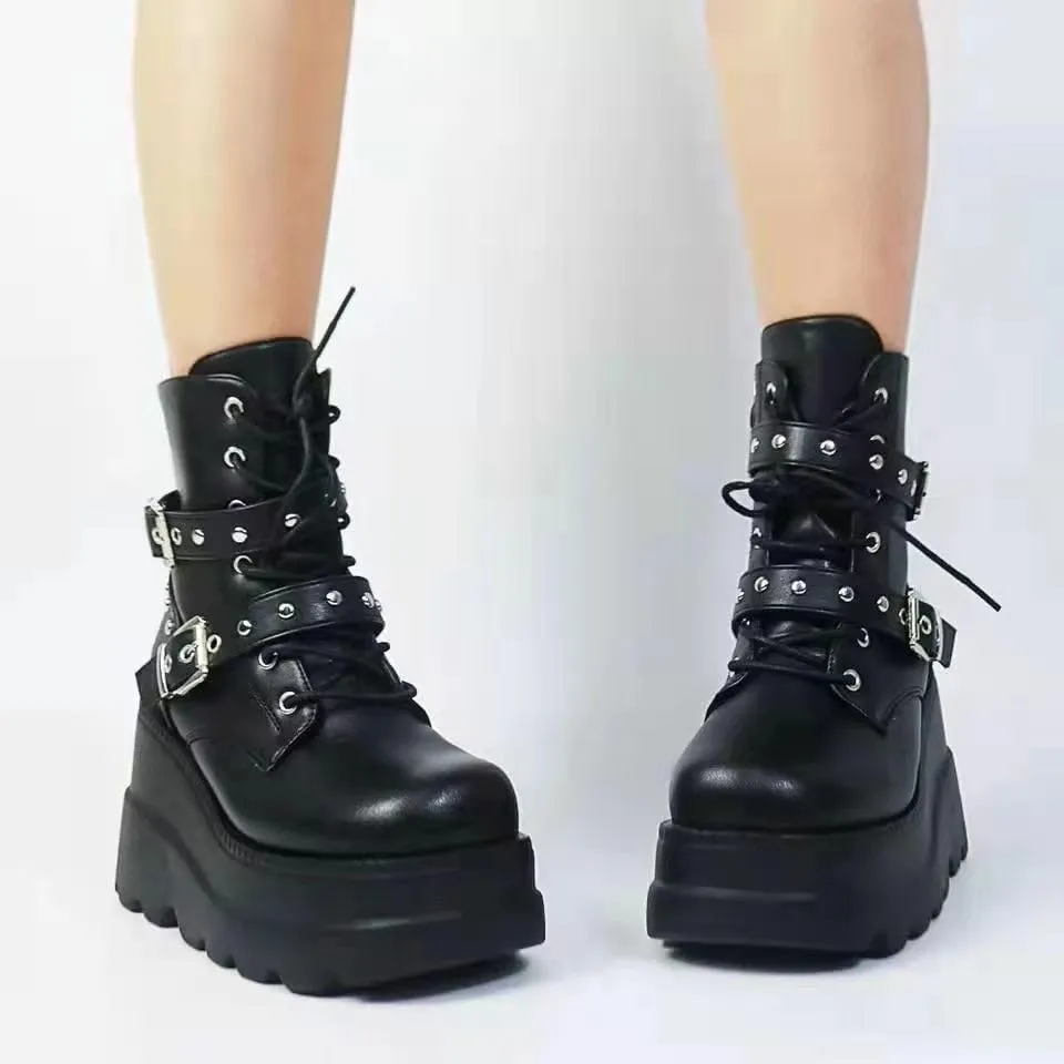 Women's Lace up Platform Goth Boots, Punk Wedge High Heel Combat Boots Booties, Gothic Ankle Boots Shoes