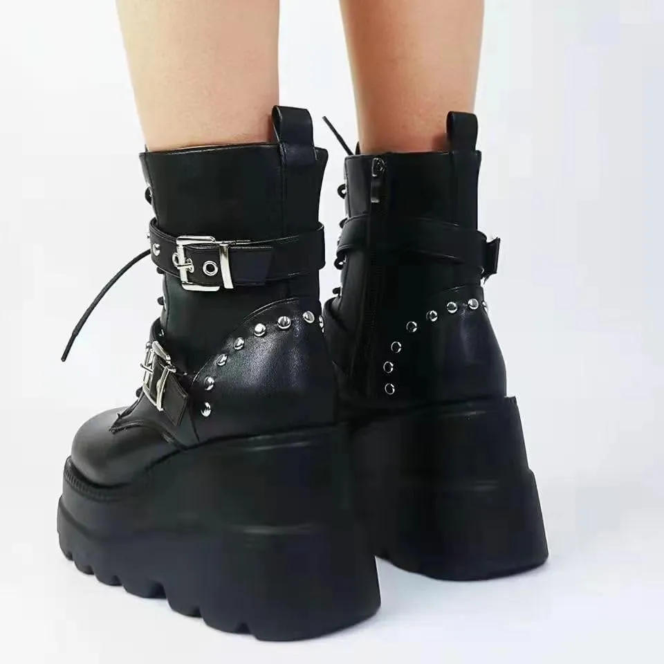 Women's Lace up Platform Goth Boots, Punk Wedge High Heel Combat Boots Booties, Gothic Ankle Boots Shoes