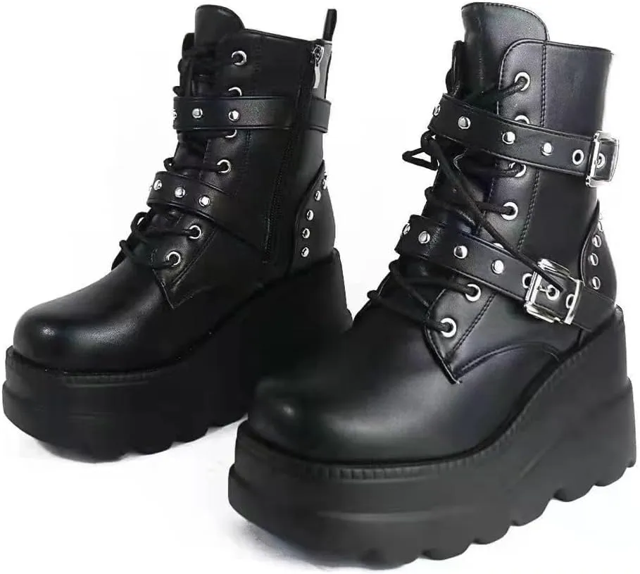 Women's Lace up Platform Goth Boots, Punk Wedge High Heel Combat Boots Booties, Gothic Ankle Boots Shoes