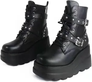 Women's Lace up Platform Goth Boots, Punk Wedge High Heel Combat Boots Booties, Gothic Ankle Boots Shoes