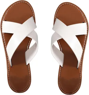 Women's Leather Crisscross Flat Sandals Open Toe Casual Vacation Slide Sandals White 7.5