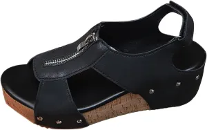 Women's Leather Sandals Orthopedic Wedge Slides with Arch Support Front Zipper Wide Width Cork Sandals Slip On Fish Mouth Beach Slides