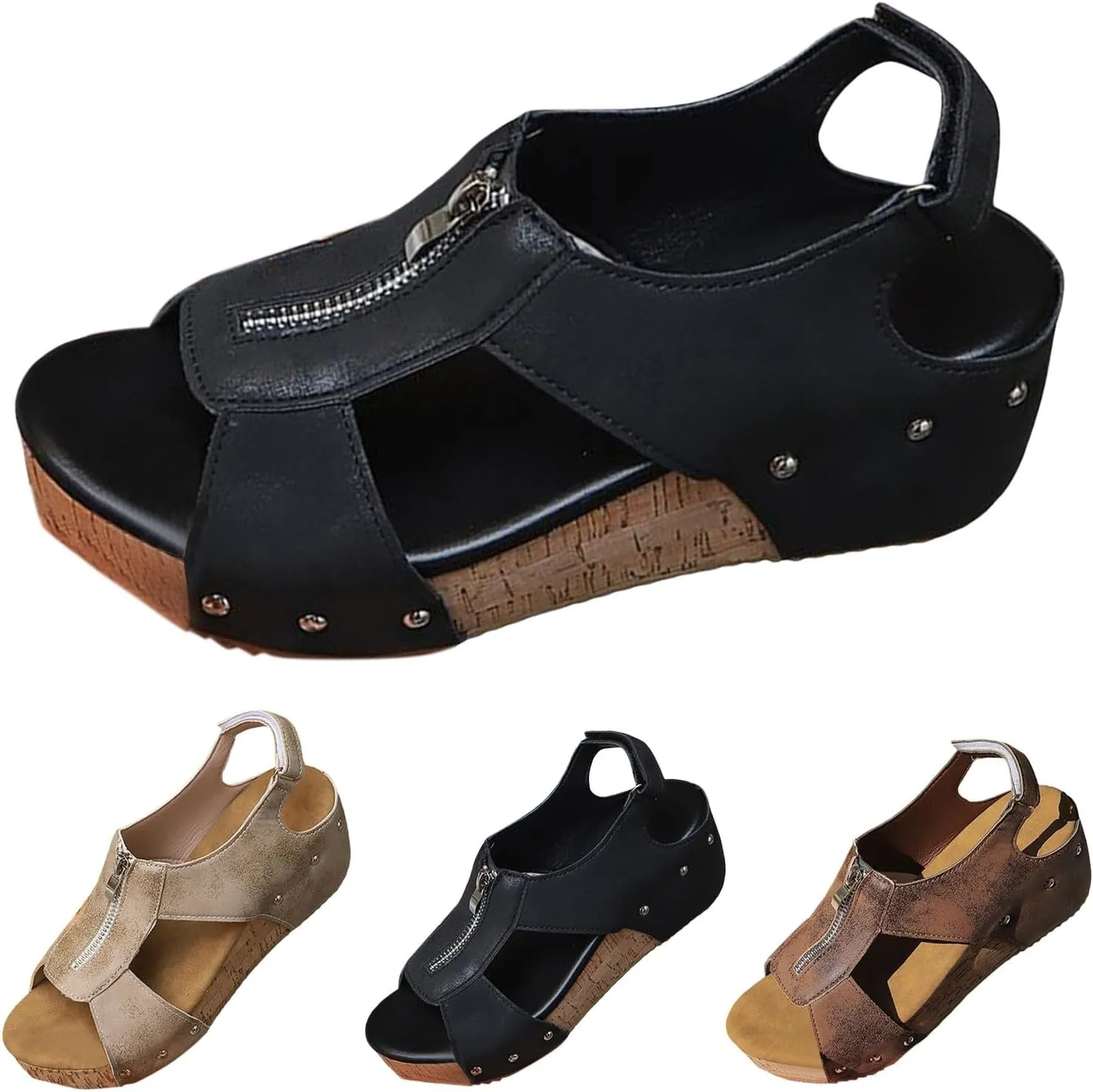 Women's Leather Sandals Orthopedic Wedge Slides with Arch Support Front Zipper Wide Width Cork Sandals Slip On Fish Mouth Beach Slides