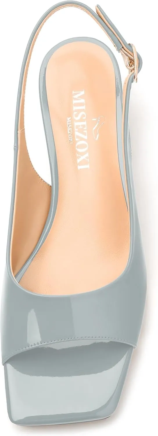 Womens Low Heel Slingbacks, Square Peep Toe Block Heel Sandals for Women, Comfort Heeled Casual Shoes