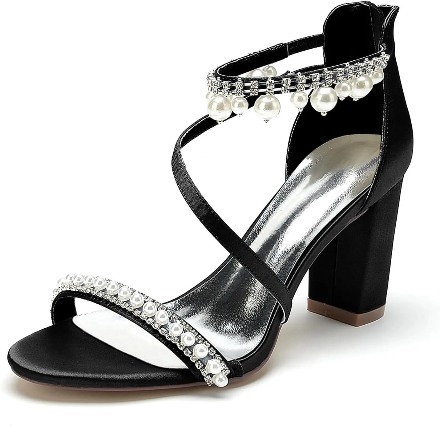Women's Open Toe Wedding Dress Pumps Block Chunky Heels Bridal Shoes Pearls Ankle Strap Evening Party Prom Summer Sandals