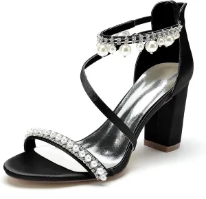 Women's Open Toe Wedding Dress Pumps Block Chunky Heels Bridal Shoes Pearls Ankle Strap Evening Party Prom Summer Sandals