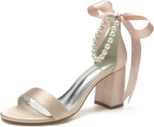 Women's Pearl Wedding Shoes for Bride Block Heel Wedding Sandals Open Toe Briesmaid Shoes Dressy Heels Sandals