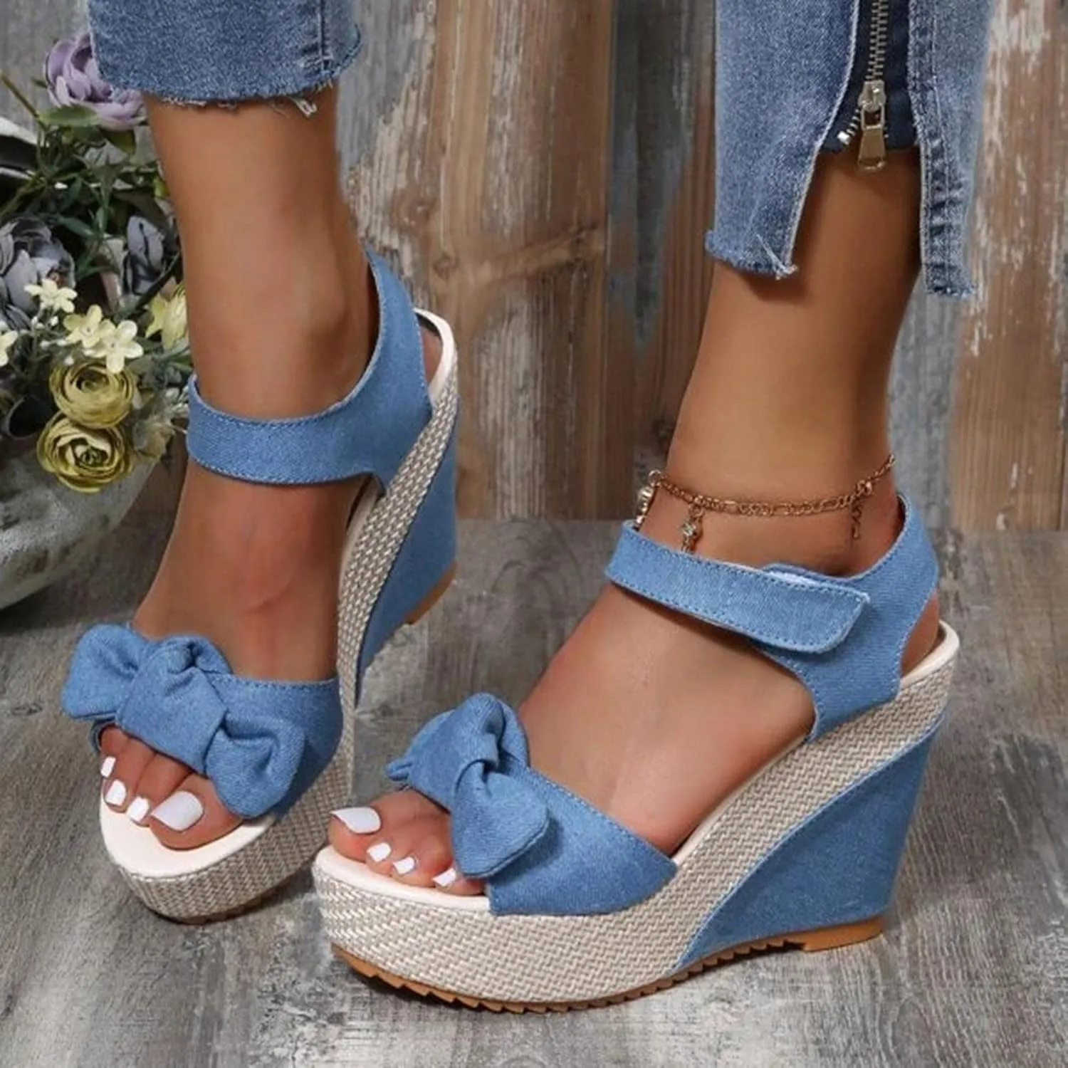 Women's Platform Sandals Wedge Open Toe Ankle Strap Lace Wedding Bridesmaid Shoes Close Toe Casual Bohemia Rhinestone Wide