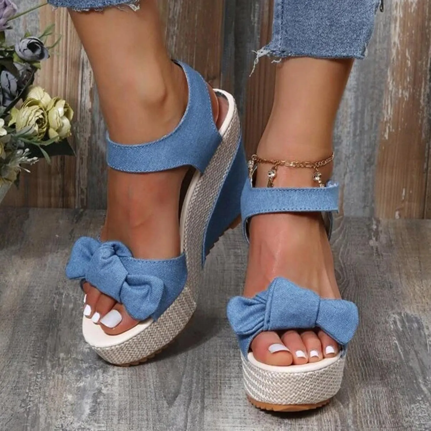 Women's Platform Sandals Wedge Open Toe Ankle Strap Lace Wedding Bridesmaid Shoes Close Toe Casual Bohemia Rhinestone Wide