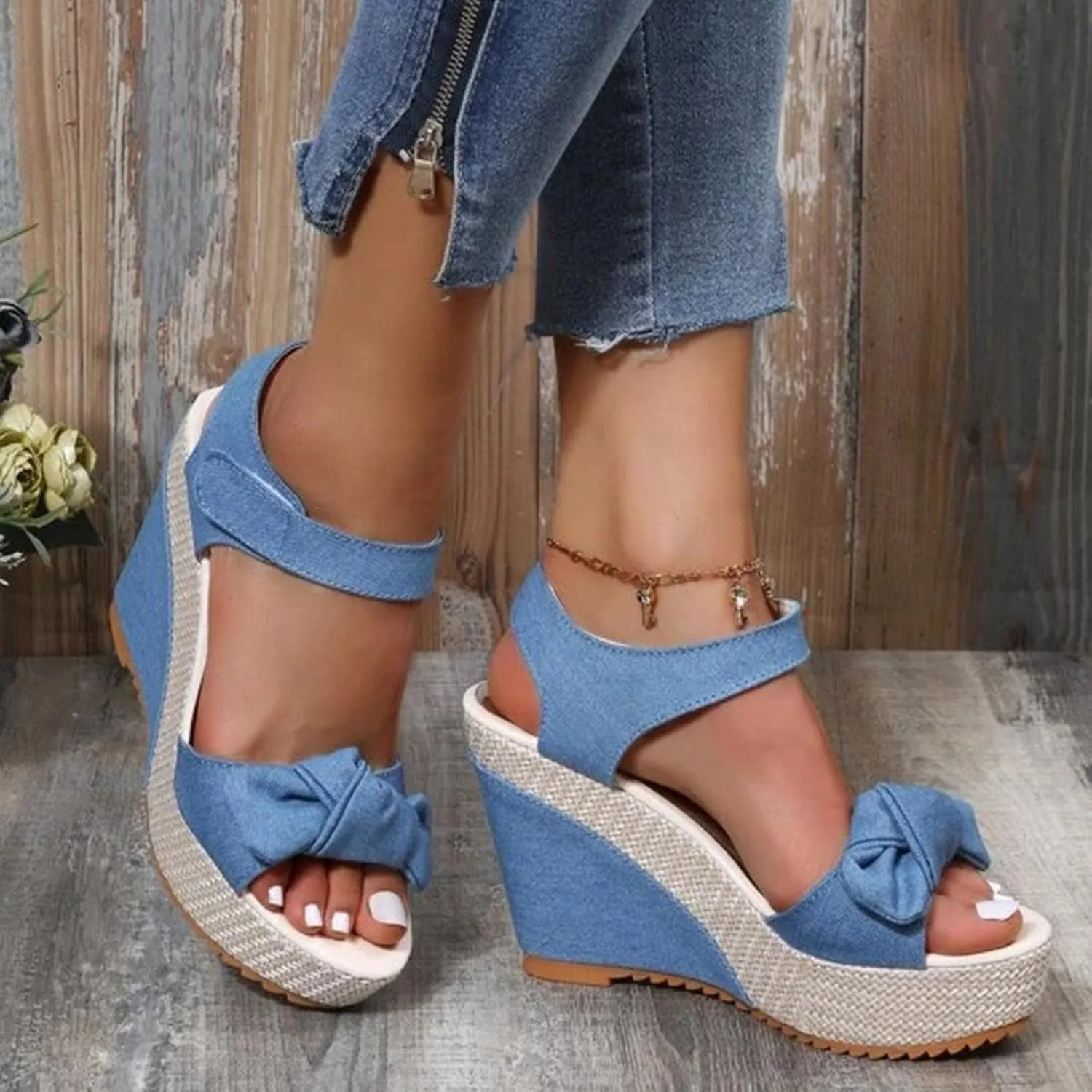 Women's Platform Sandals Wedge Open Toe Ankle Strap Lace Wedding Bridesmaid Shoes Close Toe Casual Bohemia Rhinestone Wide