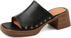 Women's Retro Platform Wedge Sandals,Comfort Buckless Slip On Square Open Toe High Heels Rivets Casual Block Heel Sandal