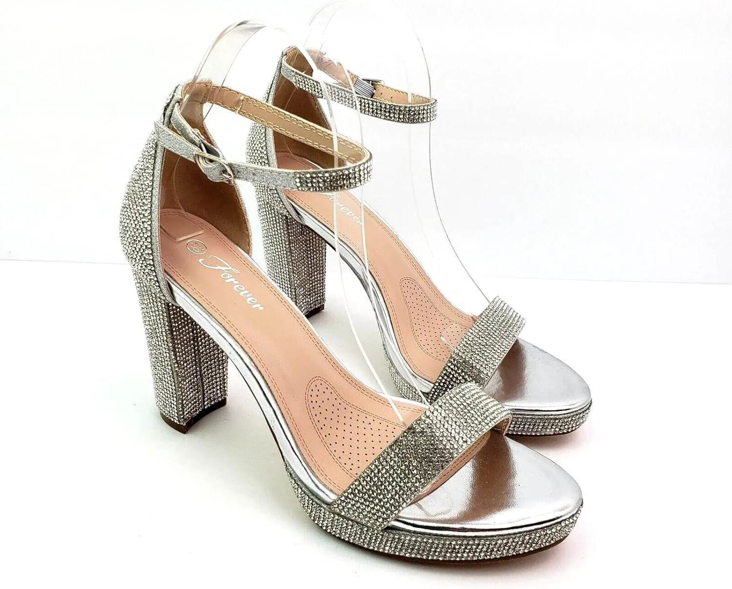Women's Rhinestone Open Toe Chunky High Heel Low Platform Sandals