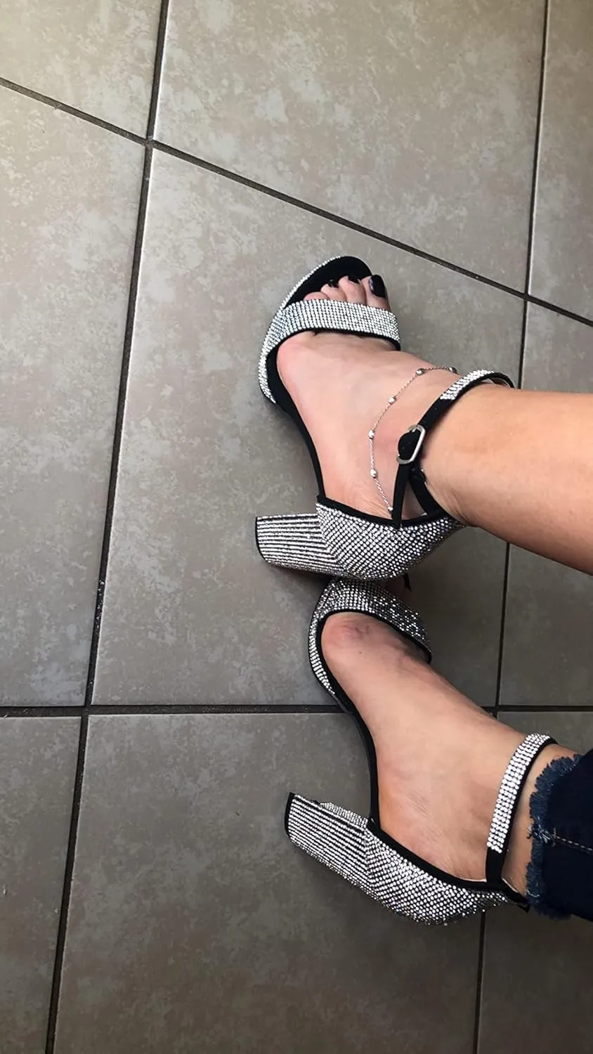 Women's Rhinestone Open Toe Chunky High Heel Low Platform Sandals