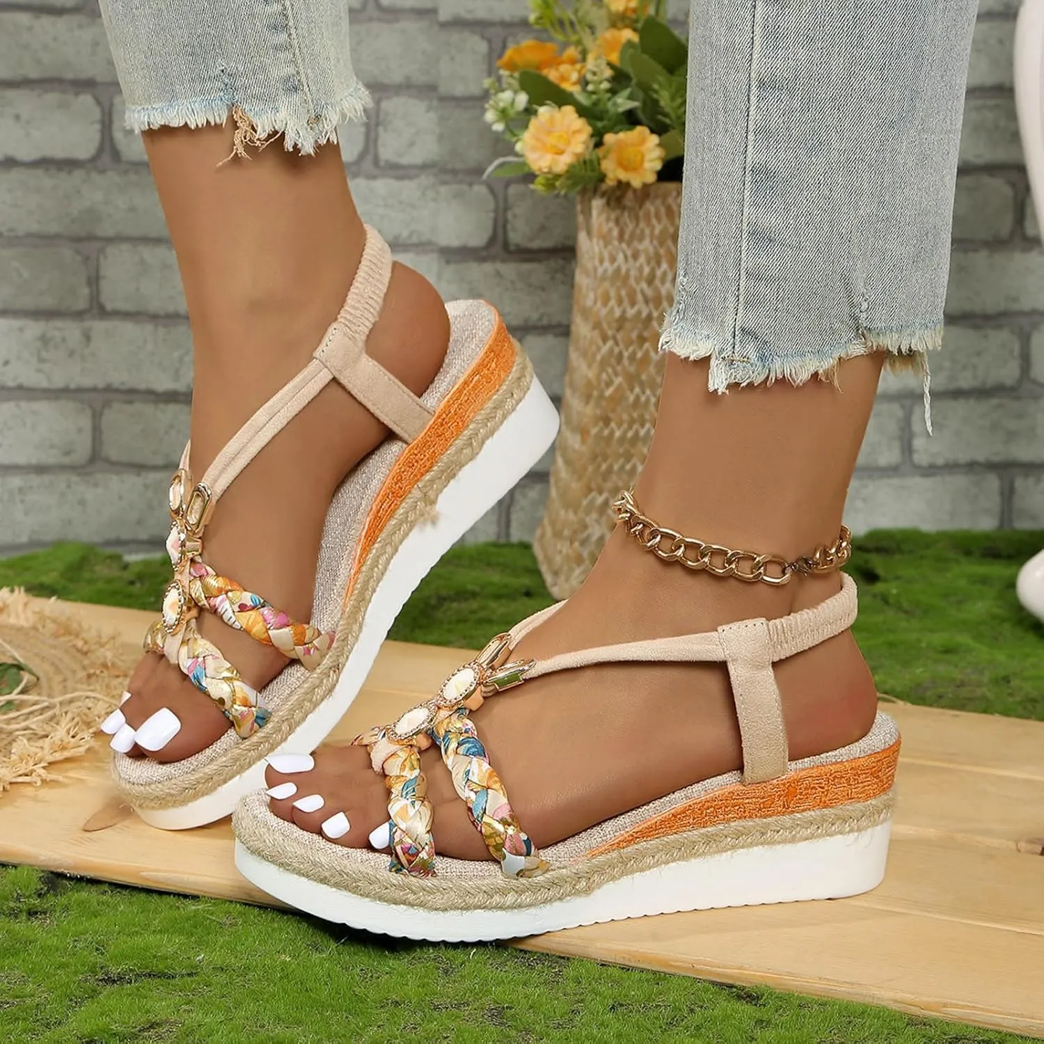 Women's Rhinestone Open Toe High Heel Roman Summer Platform Sandals Summer Low Wedges Comfortable Open Toe Sandals Elastic Ankle Strap Beach Walking Sandals