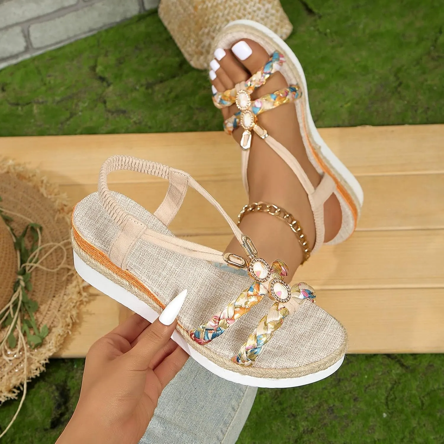 Women's Rhinestone Open Toe High Heel Roman Summer Platform Sandals Summer Low Wedges Comfortable Open Toe Sandals Elastic Ankle Strap Beach Walking Sandals
