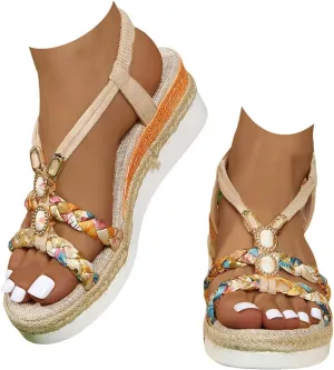 Women's Rhinestone Open Toe High Heel Roman Summer Platform Sandals Summer Low Wedges Comfortable Open Toe Sandals Elastic Ankle Strap Beach Walking Sandals