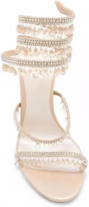 Women's Rhinestone Tassel Strappy Wrap Stiletto Heel Sandals Colorful Crystals Twist Open Round Toe Lace up Heeled Sandals Dress Wedding Party Pumps Shoes