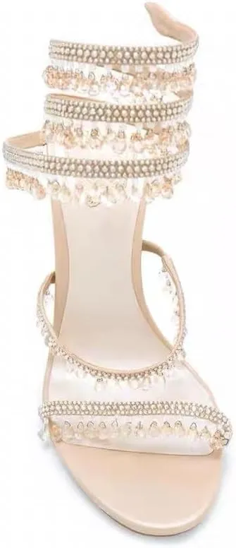 Women's Rhinestone Tassel Strappy Wrap Stiletto Heel Sandals Colorful Crystals Twist Open Round Toe Lace up Heeled Sandals Dress Wedding Party Pumps Shoes