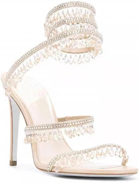 Women's Rhinestone Tassel Strappy Wrap Stiletto Heel Sandals Colorful Crystals Twist Open Round Toe Lace up Heeled Sandals Dress Wedding Party Pumps Shoes