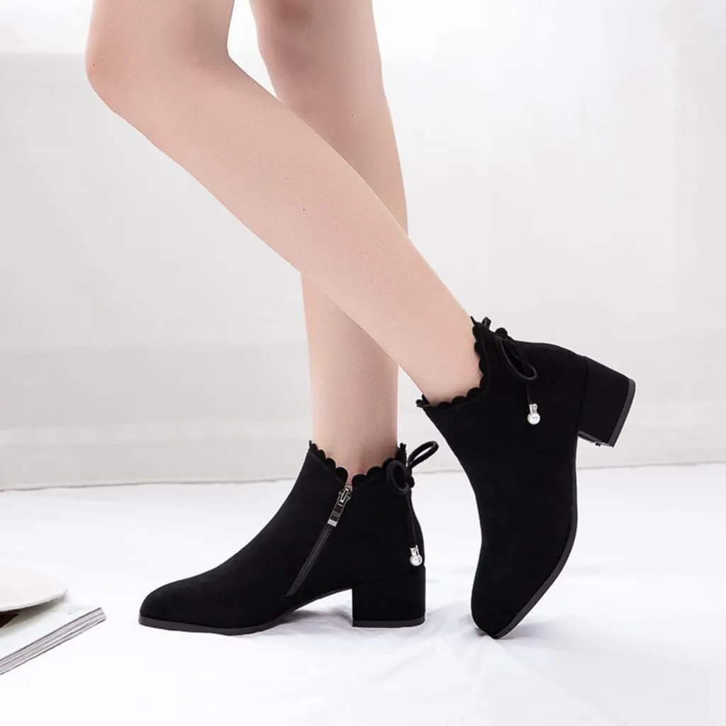 Women's Round Toe Dressy Ankle Boots Vegan Suede Side Zipper Block Low Heels Bow Dress Short Booties
