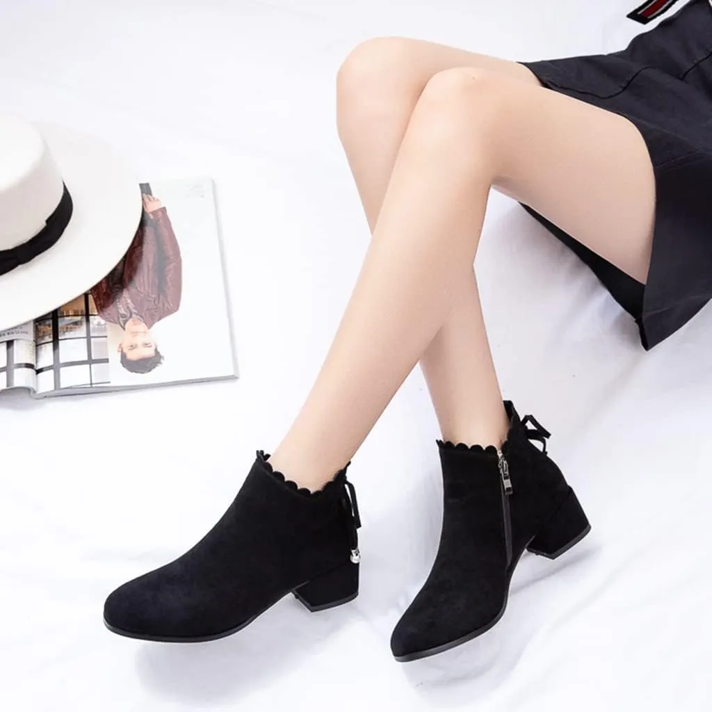 Women's Round Toe Dressy Ankle Boots Vegan Suede Side Zipper Block Low Heels Bow Dress Short Booties