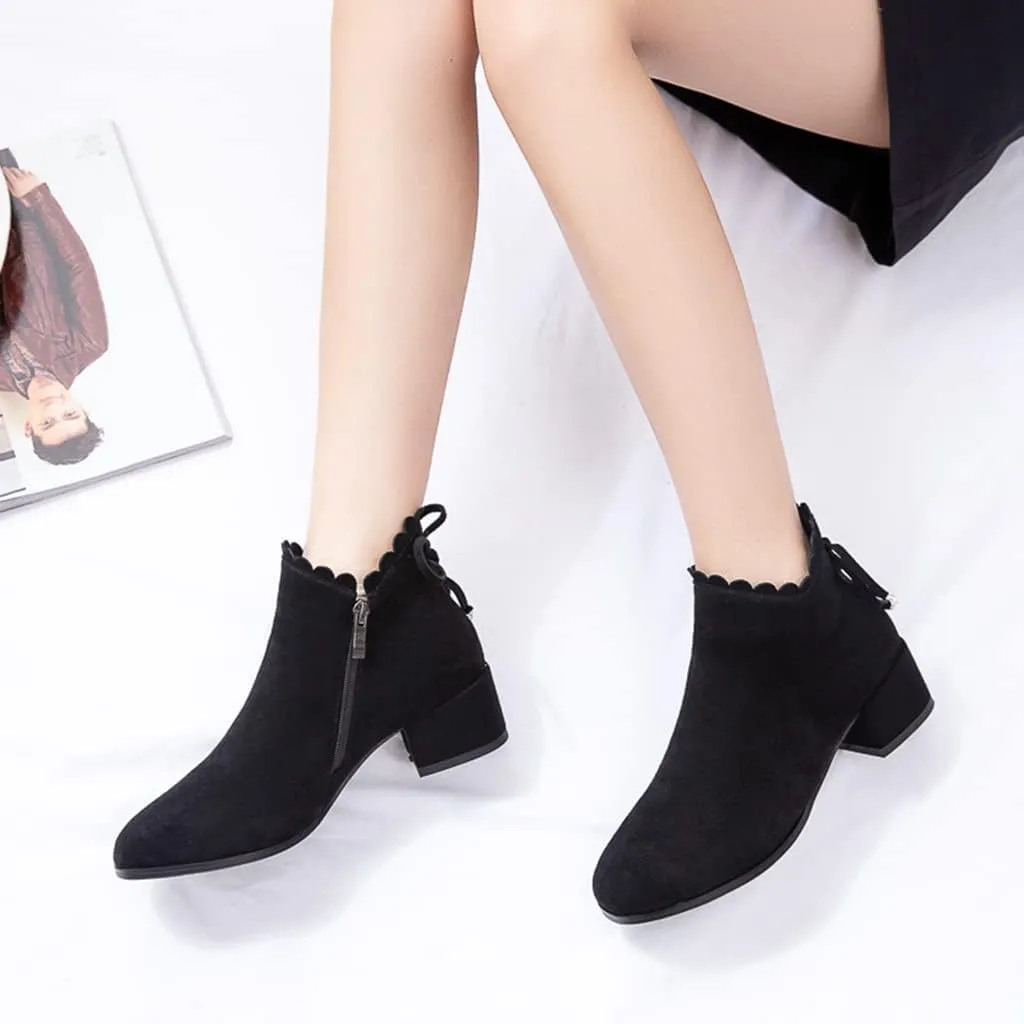 Women's Round Toe Dressy Ankle Boots Vegan Suede Side Zipper Block Low Heels Bow Dress Short Booties
