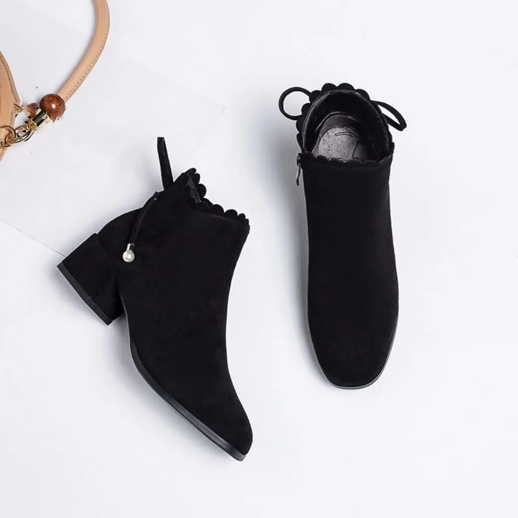 Women's Round Toe Dressy Ankle Boots Vegan Suede Side Zipper Block Low Heels Bow Dress Short Booties