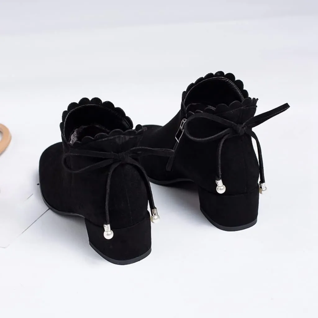 Women's Round Toe Dressy Ankle Boots Vegan Suede Side Zipper Block Low Heels Bow Dress Short Booties
