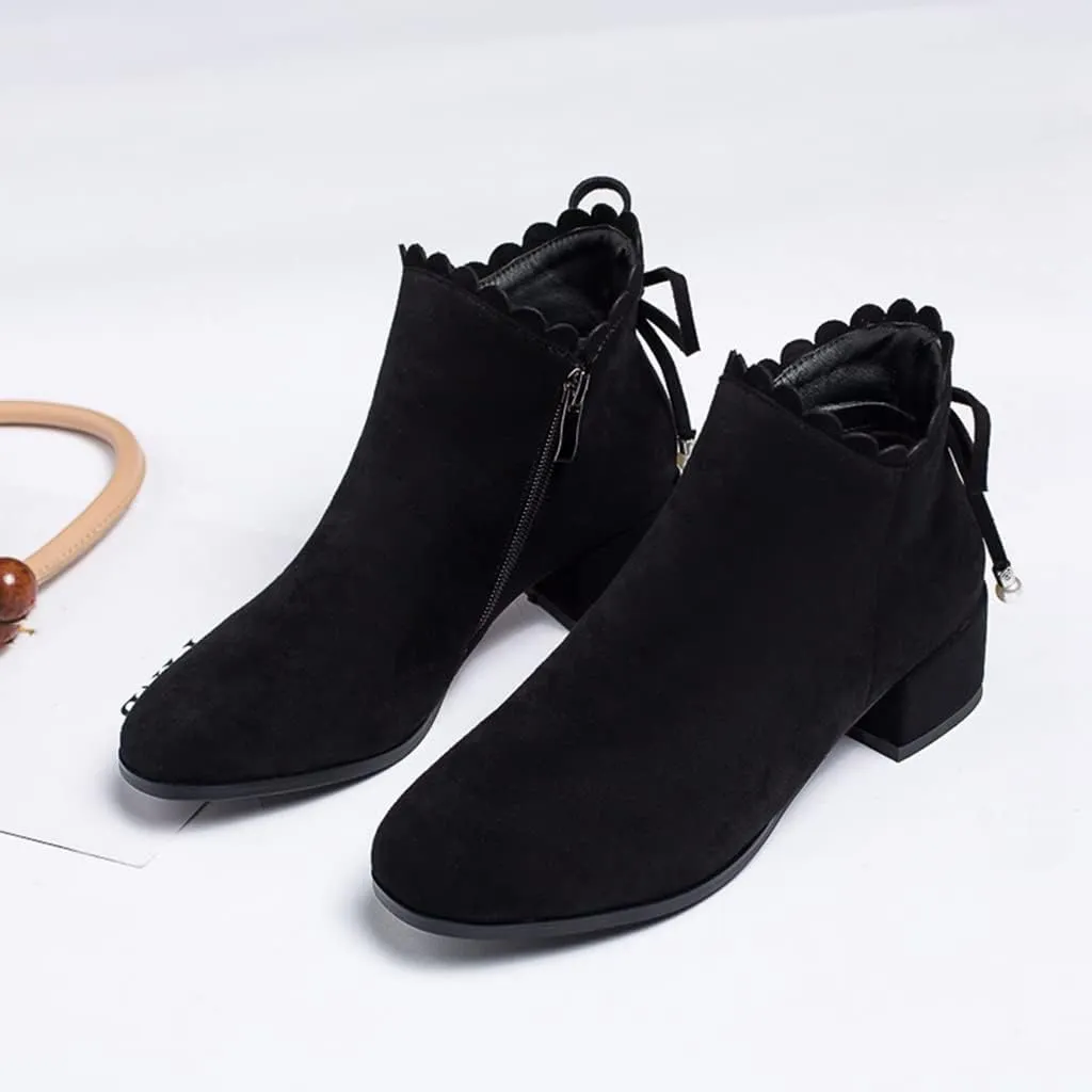Women's Round Toe Dressy Ankle Boots Vegan Suede Side Zipper Block Low Heels Bow Dress Short Booties