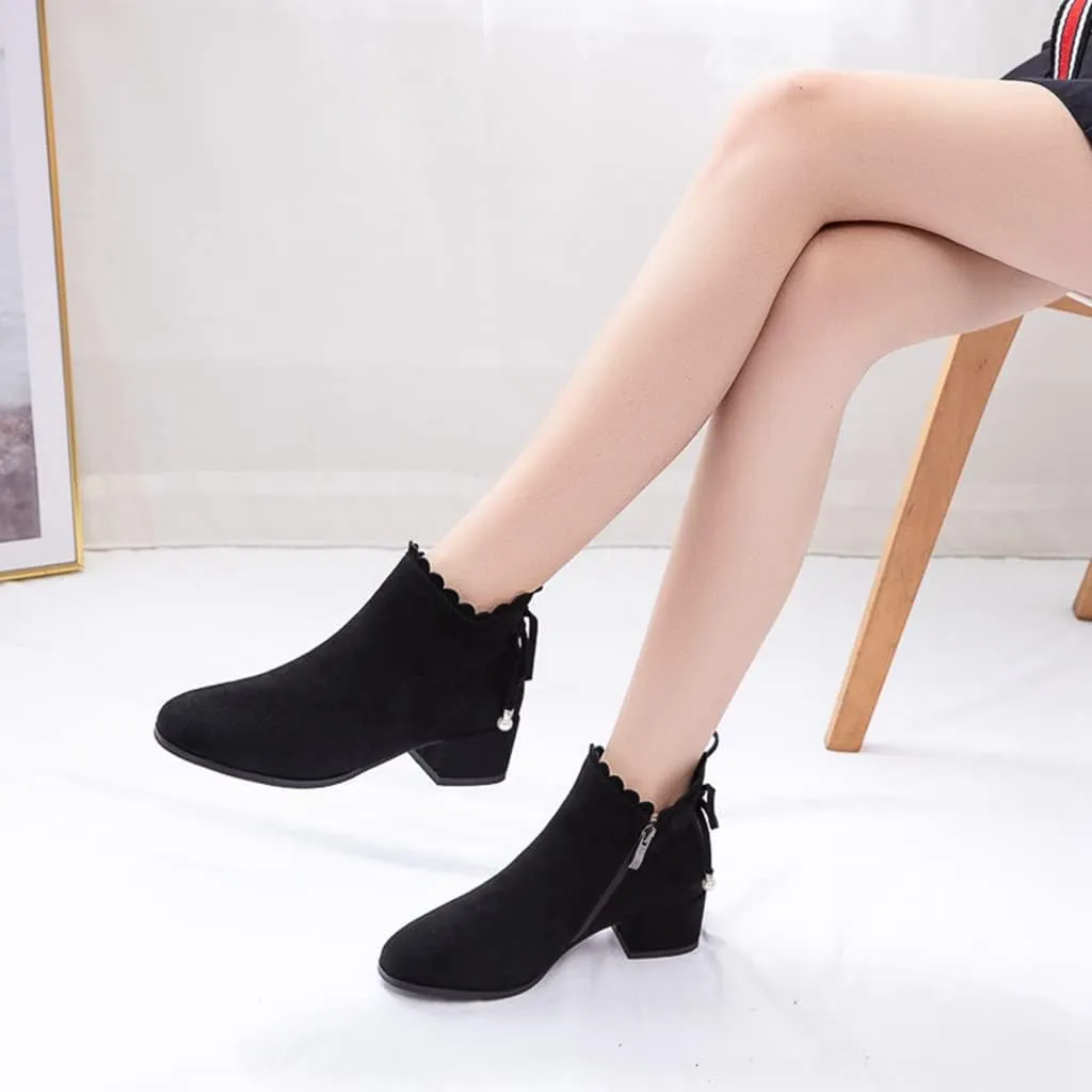 Women's Round Toe Dressy Ankle Boots Vegan Suede Side Zipper Block Low Heels Bow Dress Short Booties