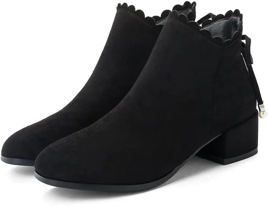 Women's Round Toe Dressy Ankle Boots Vegan Suede Side Zipper Block Low Heels Bow Dress Short Booties