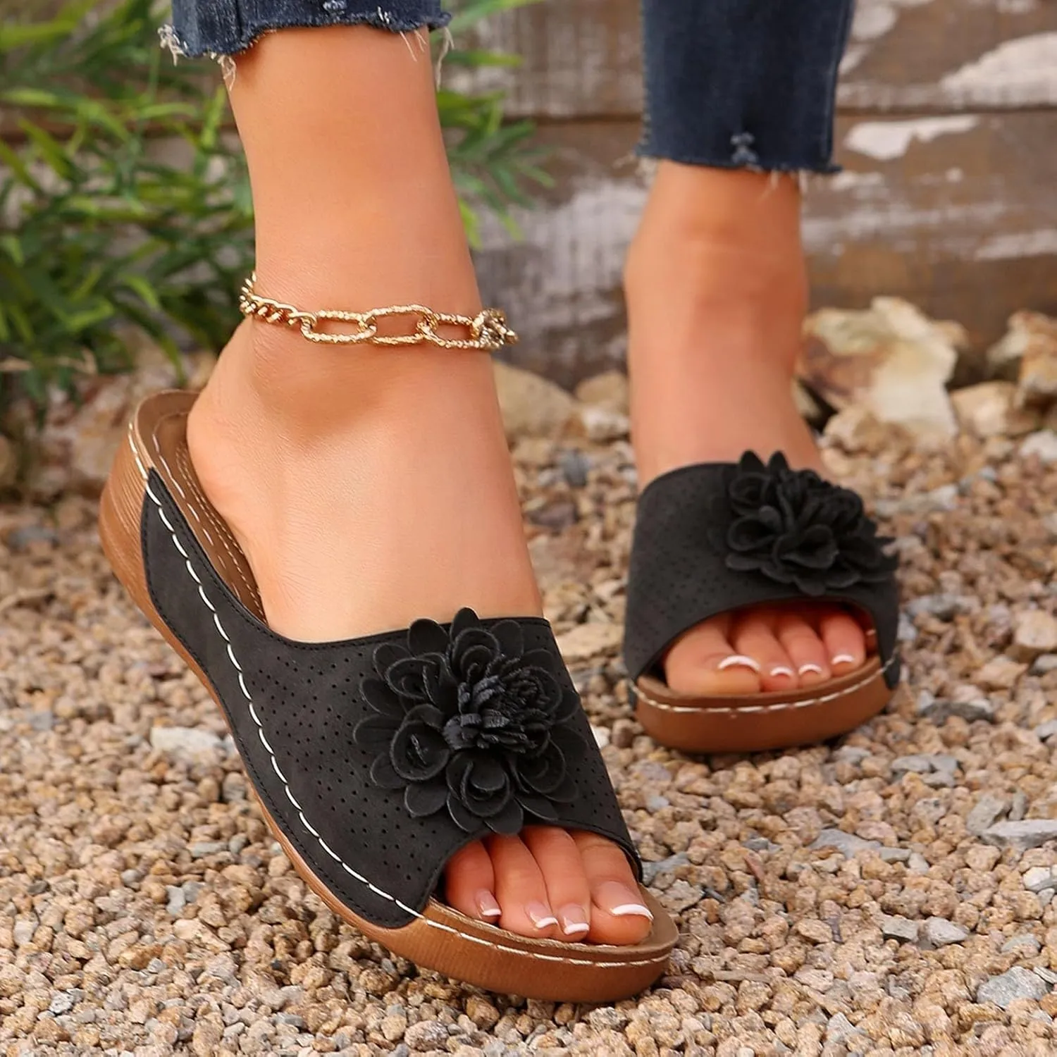 Women's Sandals Flower Hollow out Wedge Sandals Casual Summer Slip on Slippers Open Toe Platform Sandals2
