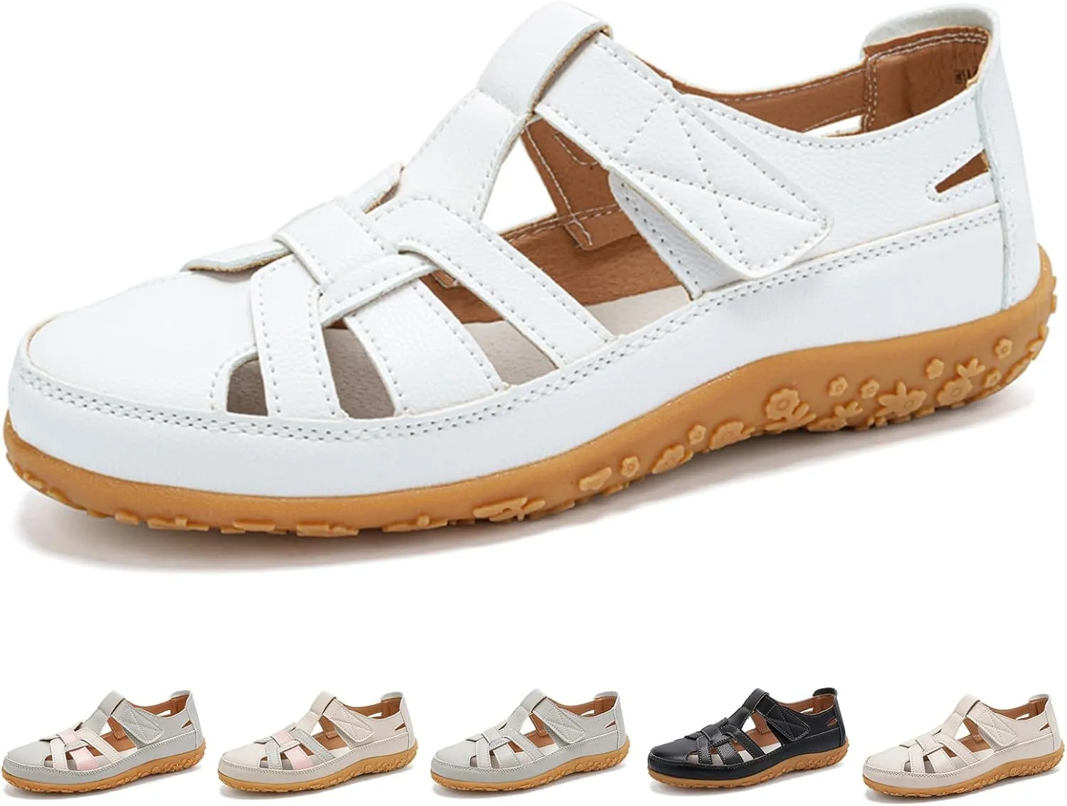 Womens Sandals Leather Cutout Soft Sole Slip On Loafers Lightweight Non Slip Summer Cutout Roman Sandals Ankle Strap Causal Summer Shoes